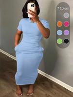 【Plus Size】 Plain Pocket Round Neck Bodycon Dress, Casual Dress for Summer, Back To School Outfits, Summer Clothes, Summe...