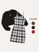 Women's Gingham Cami Dress & Long Sleeve Round Neck Pullover Set without Necklace, Casual Fashion Two Piece Outfits for Daily...
