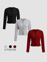 Women's Solid Button Front Ribbed Tee, Casual Longsleeves Round Neck T-shirt for Spring & Fall, Women's T Shirts, Machine Was...