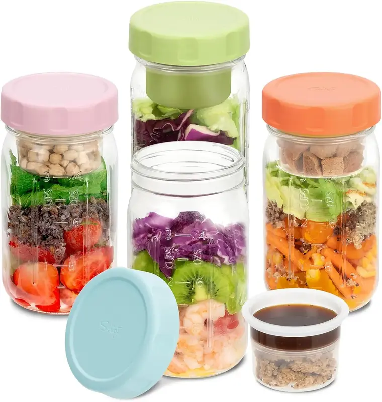 SOLIGT Glass Salad Jars with Lids, 4 Pack 32oz, Leakproof Container for Lunch - Two Small Built-in Boxes with Wet/Dry Separat...