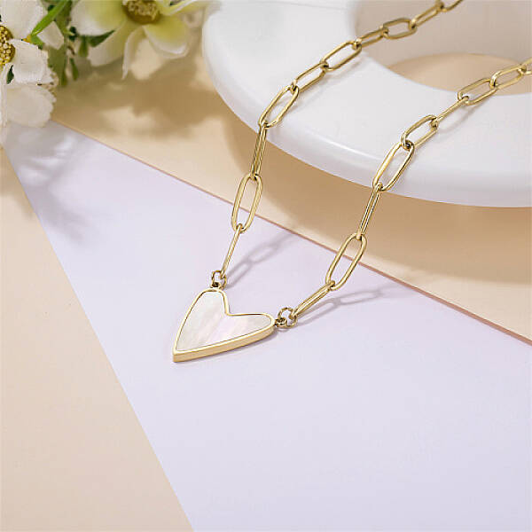 Natural Shell Heart Pendant Necklace with Stainless Steel Paperclip Chains