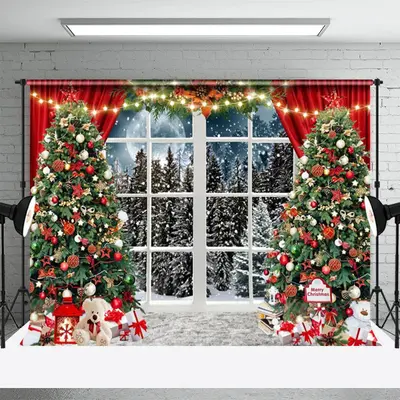 Glitter Xmas Tree Winter Window Christmas Backdrop - Aperturee