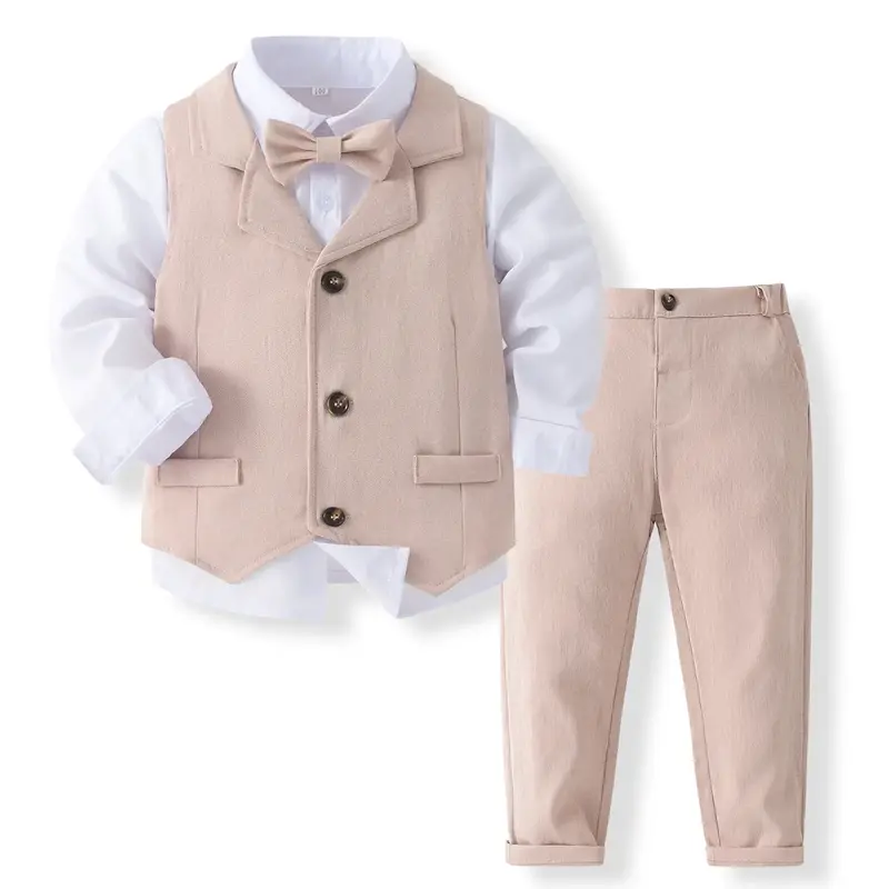 Toddler Baby Boys 3Pcs Gentleman Outfits Long Sleeve Lapel Button Bowtie Shirt + Long Pants + Waistcoat Sets Kids Formal Clot...