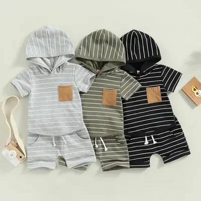 Cute Newborn Baby Boy Clothes Short Sleeve Hooded Tops with Pocket Drawstring Short Casual Summer Outfits