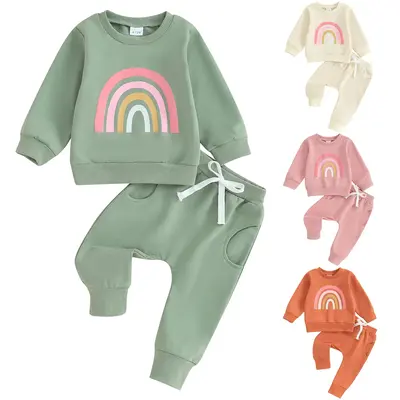 REDWOON 2Pcs Infant Toddler Baby Girls Fall Outfits Long Sleeve Rainbow Print Sweatshirt+Pants Clothes