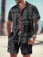 Men's All Over Print Short Sleeve Shirt & Shorts Two-piece Set, Casual Button Collar Top & Drawstring Waist Shorts, Men's Sum...