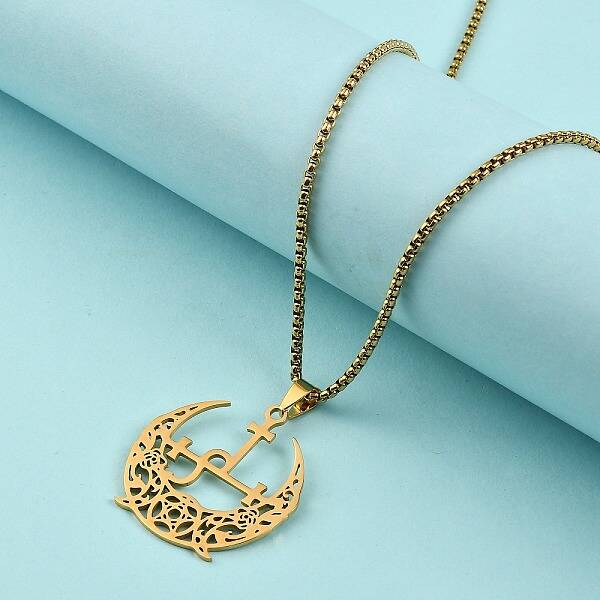 304 Stainless Steel Hollow Crescent Moon Pendant Box Chain Necklaces