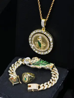 St. Jude Jewelry Set, Rhinestone Decorated Pendant Necklace & Ring & Bracelet, Fashion Jewelry for Party, Daily Clothing Deco...