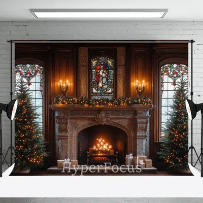 Dark Light Fireplace Vintage Christmas Photo Backdrop - Aperturee