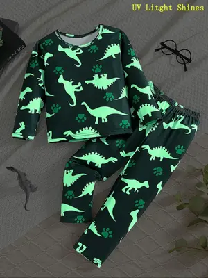Two-Piece Set Boy's Grow In The Dark Cartoon Dinosaur Print T-Shirt & Pants Set, Casual Long Sleeve Round Neck Pullover & Tr...