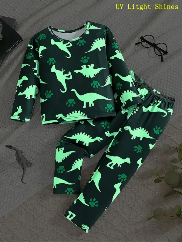 Two-Piece Set Boy's Grow In The Dark Cartoon Dinosaur Print T-Shirt & Pants Set, Casual Long Sleeve Round Neck Pullover & Tr...