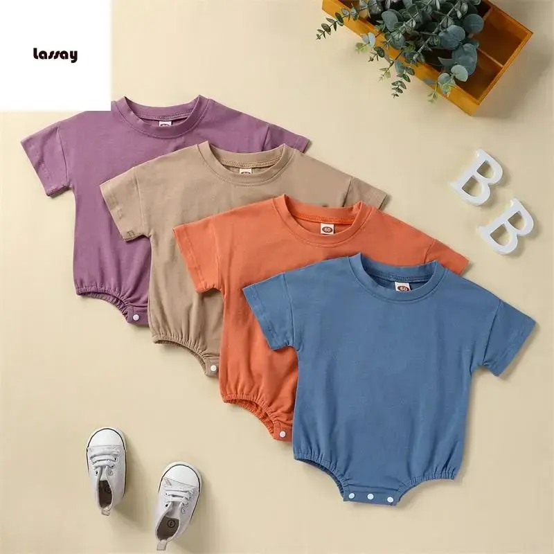 Baby Romper, Short Sleeve Crew Neck Solid Summer Bodysuit Clothes for Girls Boys