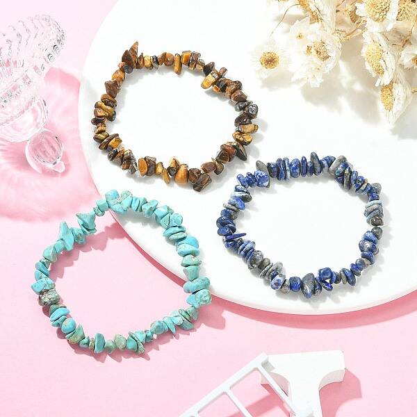 3Pcs 3 Style Natural & Synthetic Mixed Gemstone Chips Beaded Stretch Bracelets Set for Women