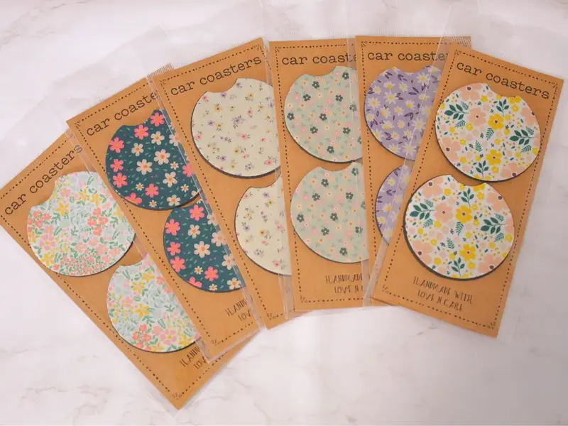 Cute Car Coasters, Set of 2, Cute Aesthetic Car Coasters, New Car Gift, Gifts for Her, Flowers Car Accessories Tableware Thic...