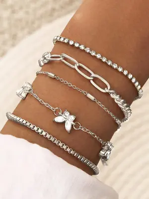 5pcs/set Women's Boho Style Butterfly Rhinestone Decorated Link Bracelet, Fashionable Vacation Style Versatile Casual Accesso...