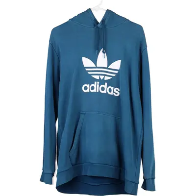 Adidas Spellout Hoodie - Large Blue Cotton Blend