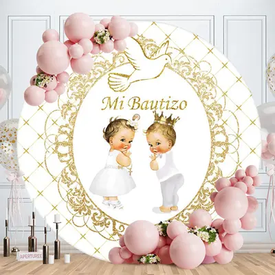 Aperturee Gold Glitter Mi Bautizo Round Baby Shower Backdorp