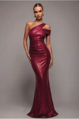 Goddiva One Shoulder Sequin Evening Maxi - Wine