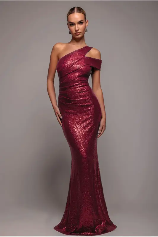 Goddiva One Shoulder Sequin Evening Maxi - Wine