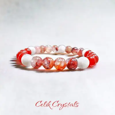 Fire Quartz, Carnelian, Moonstone Bracelet Celik Crystals Original Design Natural Healing Stones Stretch Crystal Bracelet Soo...
