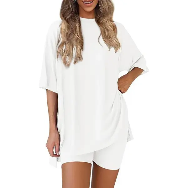 Women's Summer Two-Piece Set 2025 Casual Oversized Crewneck Split Hem Shirts & Side Pocket Biker Shorts Minimalist Lounge Wea...