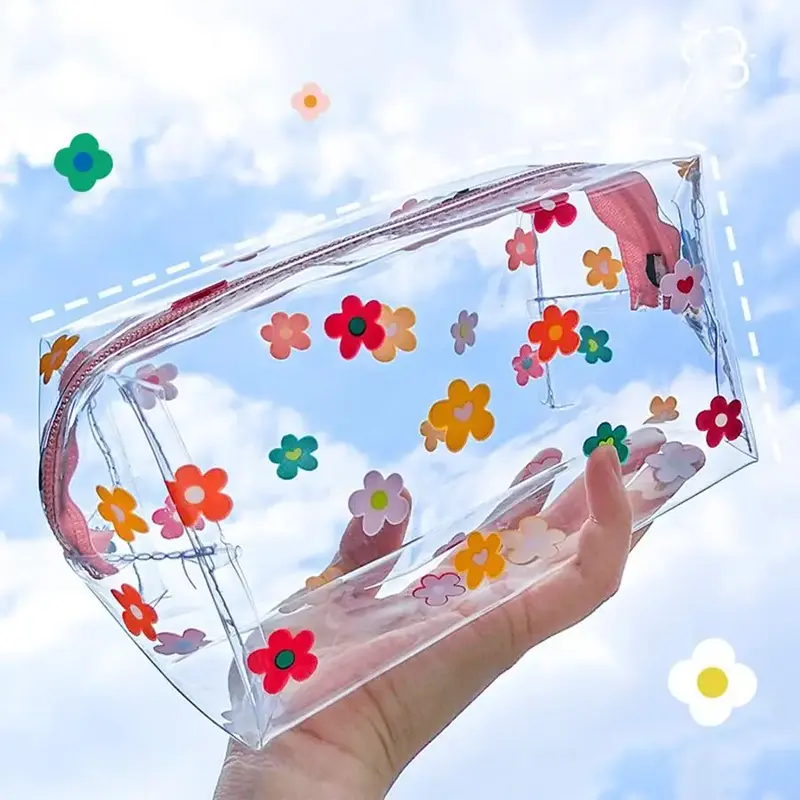 Transparent Makeup Bag, Summer Floral Pattern Clear Cosmetic Bag with Zip, Portable Makeup Organizer Pouch, Multifunctional W...
