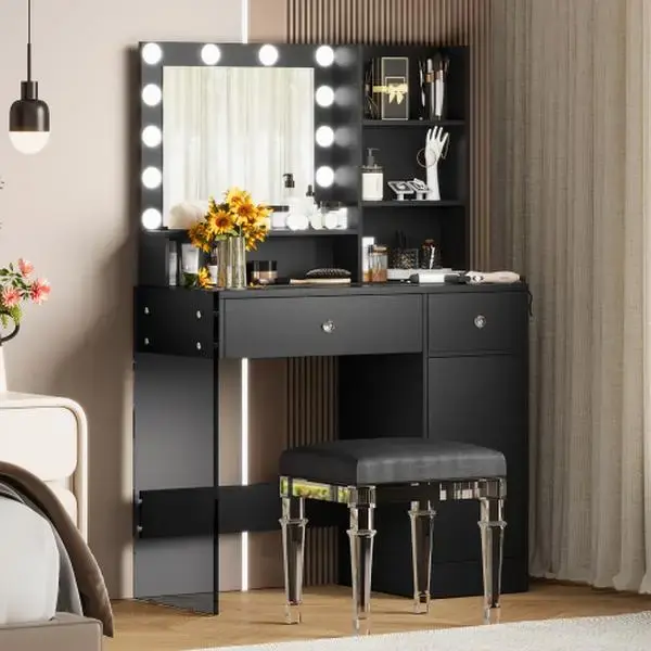 Vanity Desk with Mirror and 3 Lighting Modes, Makeup Vanity with Glass Top and Storage Shelves, Dressing Table with 2 Drawers...