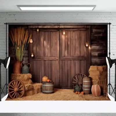 Rustic Stacked Hay Wheel Wooden Barn Door Backdrop - Aperturee