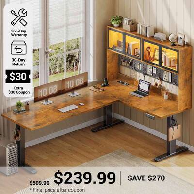 SEDETA | 67 Inch Standing L Shaped Gaming Desk with Pegboard Office Computer Desk with Led Lights Stand Up Corner Desk with S...