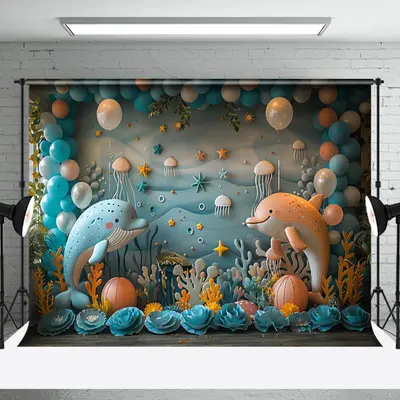 Mysterious Undersea Dolphin Coral Cake Smash Backdrop