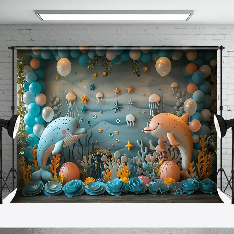 Mysterious Undersea Dolphin Coral Cake Smash Backdrop
