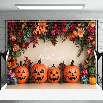 Aperturee Dense Floral Leaves Pumpkin Halloween Photo Backdrop - Aperturee