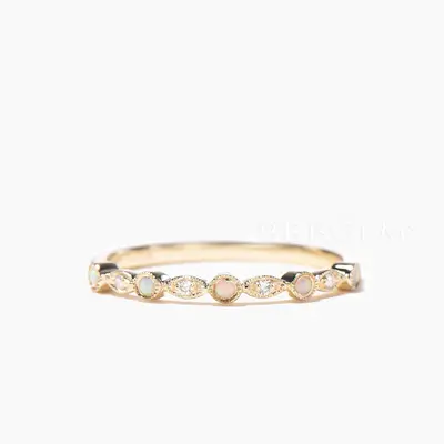 Round Cut Opal Diamond Wedding Ring Half Eternity Yellow Gold Matching Band