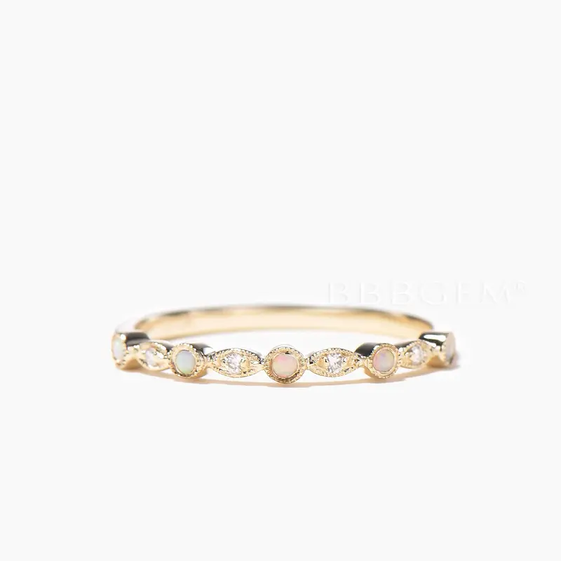 Round Cut Opal Diamond Wedding Ring Half Eternity Yellow Gold Matching Band