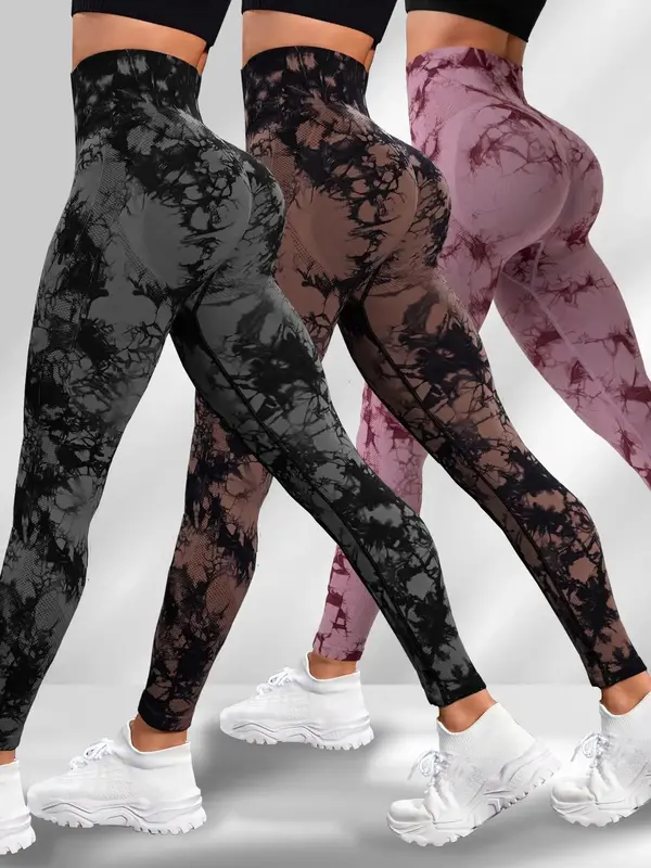 Women's 3pcs Tie Dye Print Sports High Waisted Leggings, Casual Comfy Breathable Skinny Pants for Yoga Gym Workout Running, W...