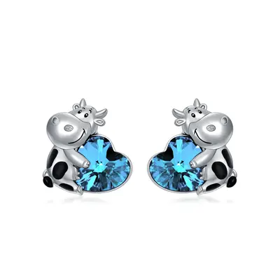 Sterling Silver Heart Crystal Cow Stud Earrings For Women Best Friends