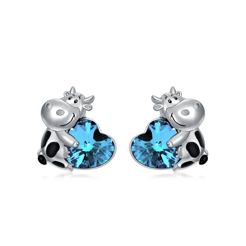 Sterling Silver Heart Crystal Cow Stud Earrings For Women Best Friends