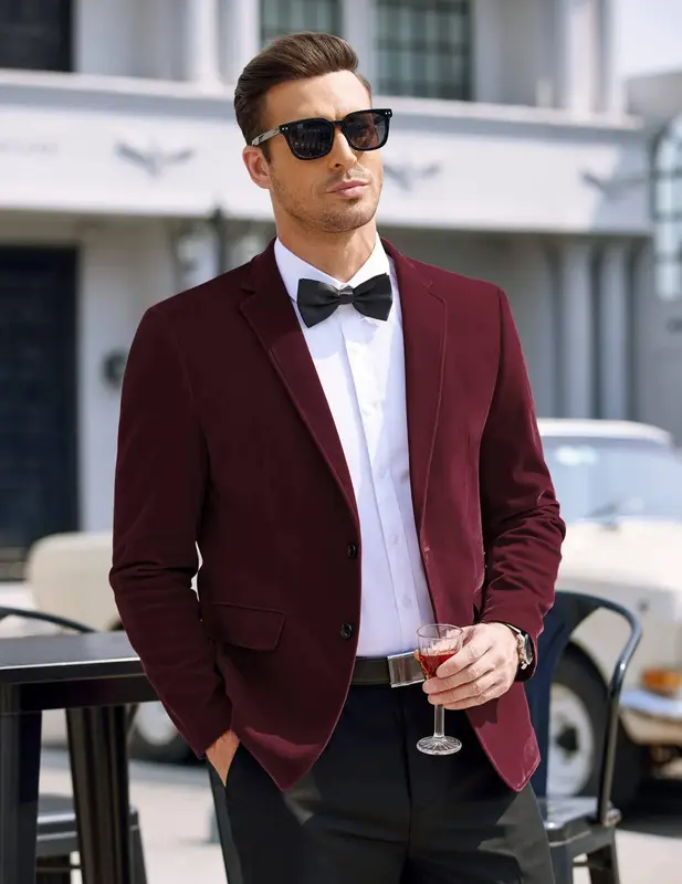 Two Button Slim Fit Blazers Retro Tuxedo Suit Jackets (US Only), Maroon / M