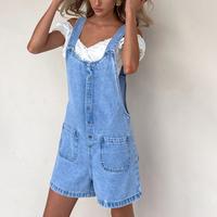 Women Denim Bib Overalls Shorts, Solid Color Baggy Jean Jumpsuit, Romper Pants with Pockets for Streetwear, Ladies Clothes fo...
