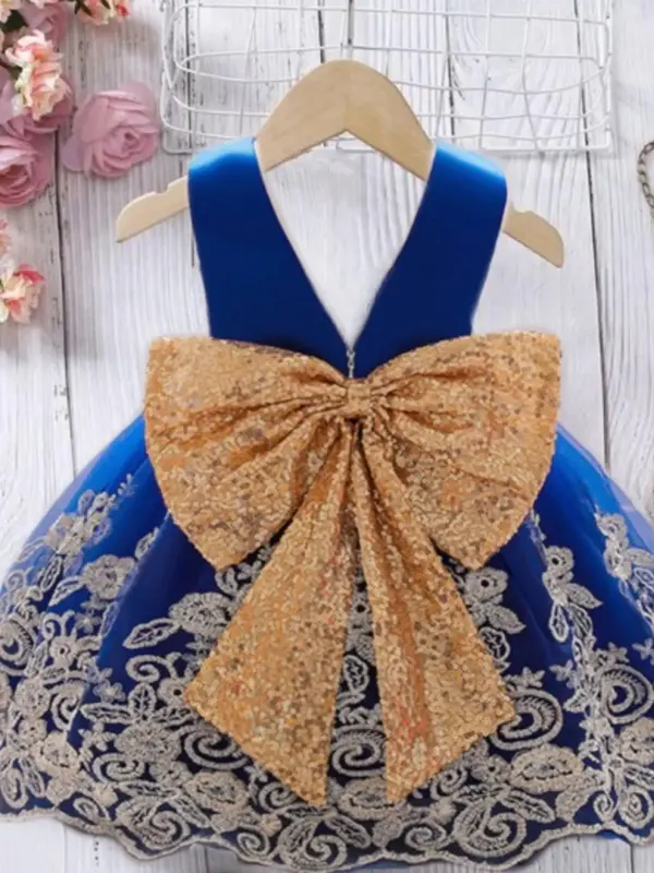 Girl's Floral Embroidery Contrast Sequin Bow Decor Dress with Hair Band, Elegant Sleeveless Zipper Back Party Dress for Weddi...