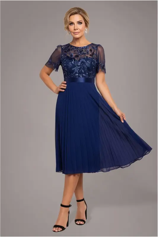Goddiva Embroidered Top Chiffon Pleated Midi - Navy Blue
