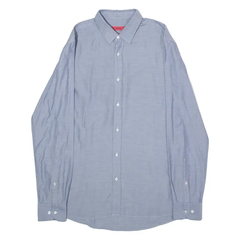 HUGO Elisha Extra Slim Fit Mens Shirt Blue Herringbone Long Sleeve M