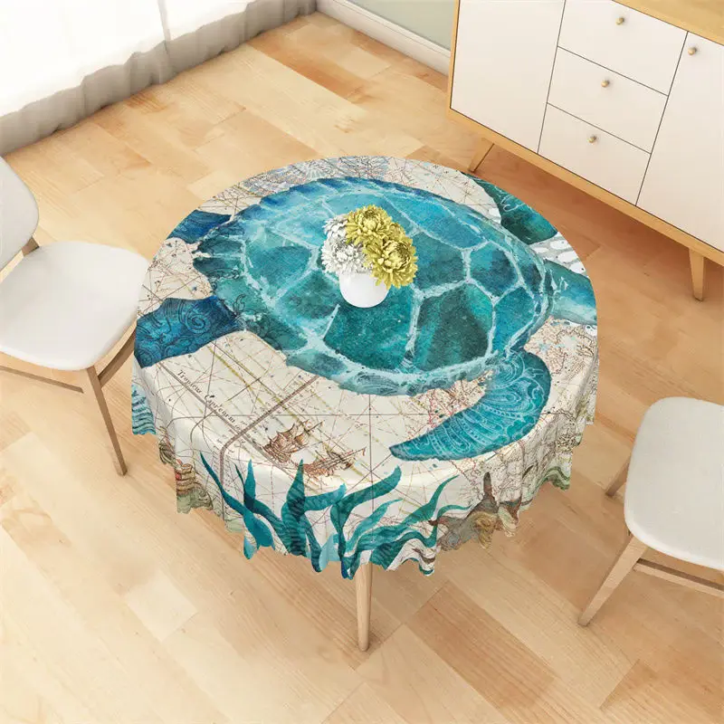 Blue Turtle Seaweed Geographical Round Tablecloth - Aperturee