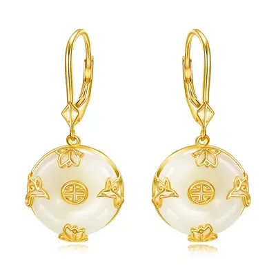 Sterling Silver with Yellow Gold Plated Jade Dove & Water Lily Lever-back Earrings