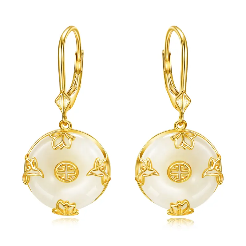 Sterling Silver with Yellow Gold Plated Jade Dove & Water Lily Lever-back Earrings