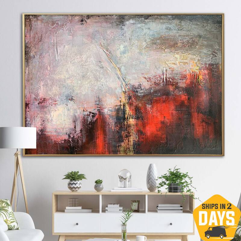 Original Red Painting On Canvas Grey Wall Art Abstract Red Painting Living Room Wall Decor Canvas Modern Red Bedroom Decor | ...
