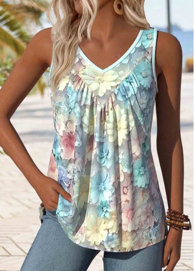 Modlily Light Blue Patchwork Floral Print Sleeveless Tank Top - XXL