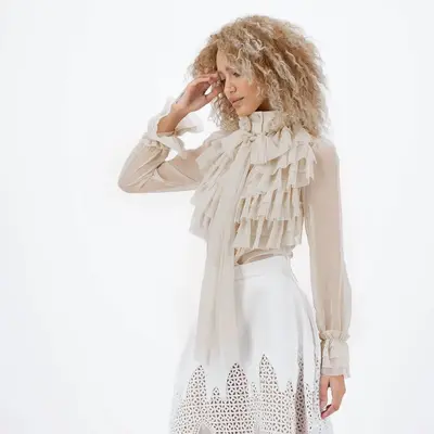 Ruffled Chiffon Blouse | Size: S | Color: Cream