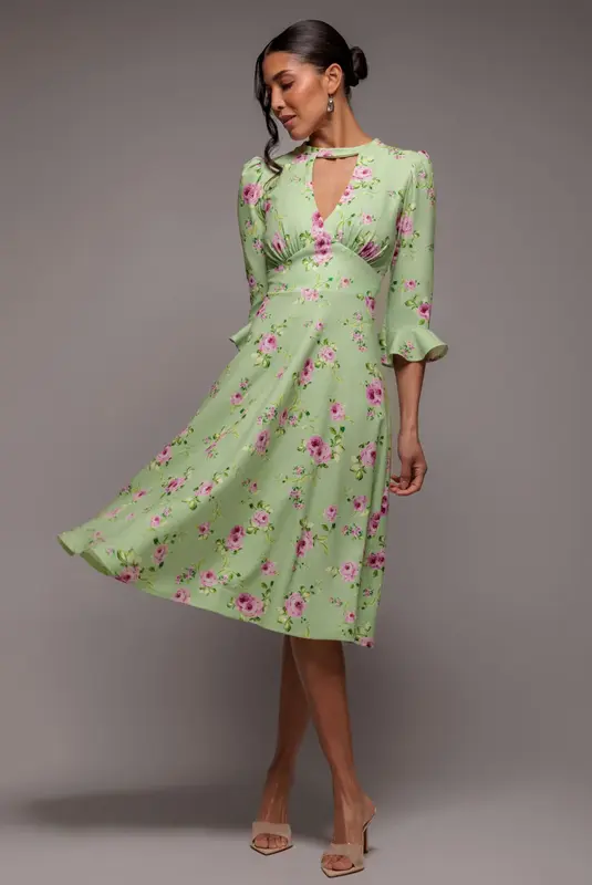 Goddiva Floral Printed Flared Sleeve Midi - Sage Green