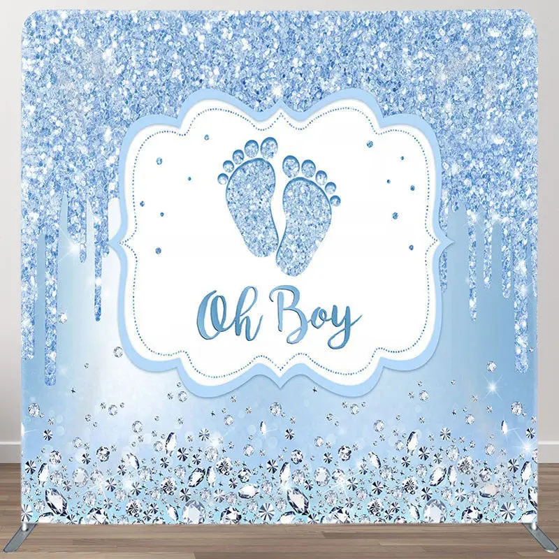 Aperturee Blue Glitter Oh Boy Fabric Backdrop Cover for Baby Shower - Aperturee